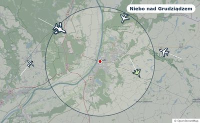 Mapa okolic miasta z sylwetkami samolotów — Niebo nad Grudziądzem na żywo