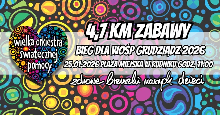 Grafika promocyjna wydarzenia Bieg WOŚP Grudziądz 2026 — plażowy bieg charytatywny w Rudniku