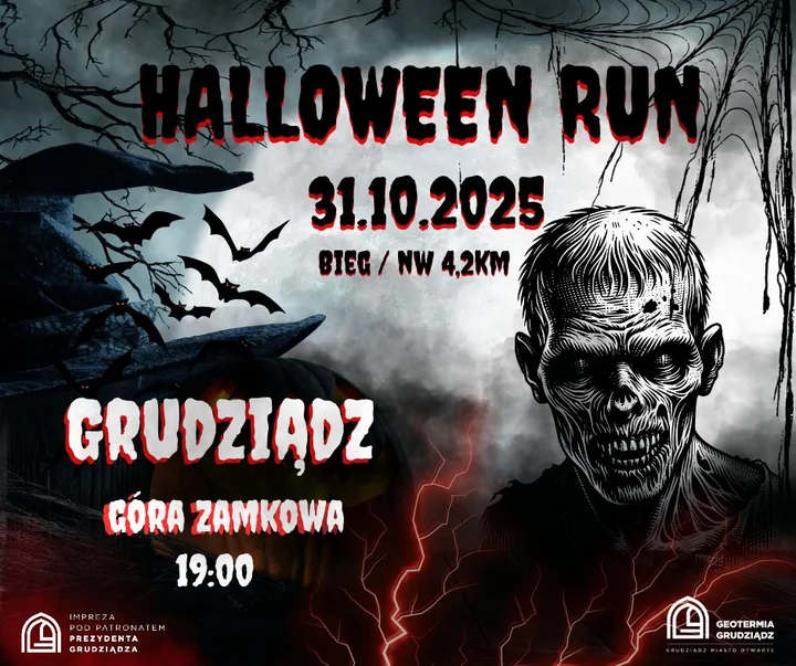 Grafika promocyjna wydarzenia Halloween Run Grudziądz — nocny bieg i halloweenowa zabawa na Górze Zamkowej