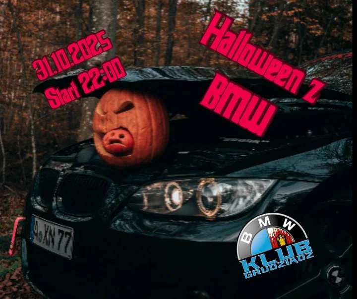 Grafika promocyjna wydarzenia Halloween z BMW Klub Grudziądz — nocna zbiórka miłośników motoryzacji (31 października 2025)
