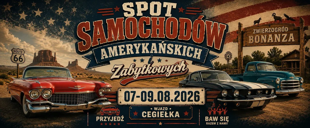 Grafika promocyjna wydarzenia II SPOT Samochodów Amerykańskich i Zabytkowych w Grudziądzu