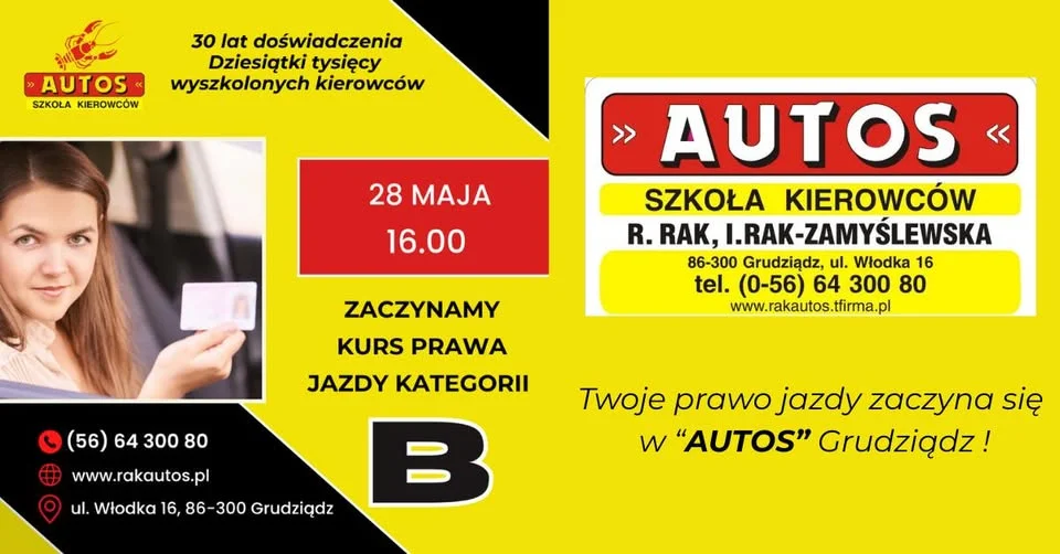 Grafika promocyjna wydarzenia AUTOS Grudziądz: kurs prawa jazdy kat. B startuje 28 maja