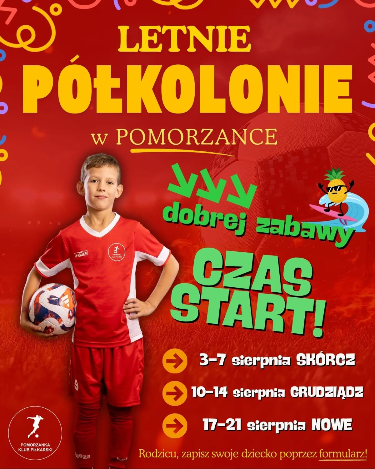 Grafika promocyjna wydarzenia Letnie półkolonie w Pomorzance Grudziądz – sport, zabawa i wakacyjna energia dla dzieci
