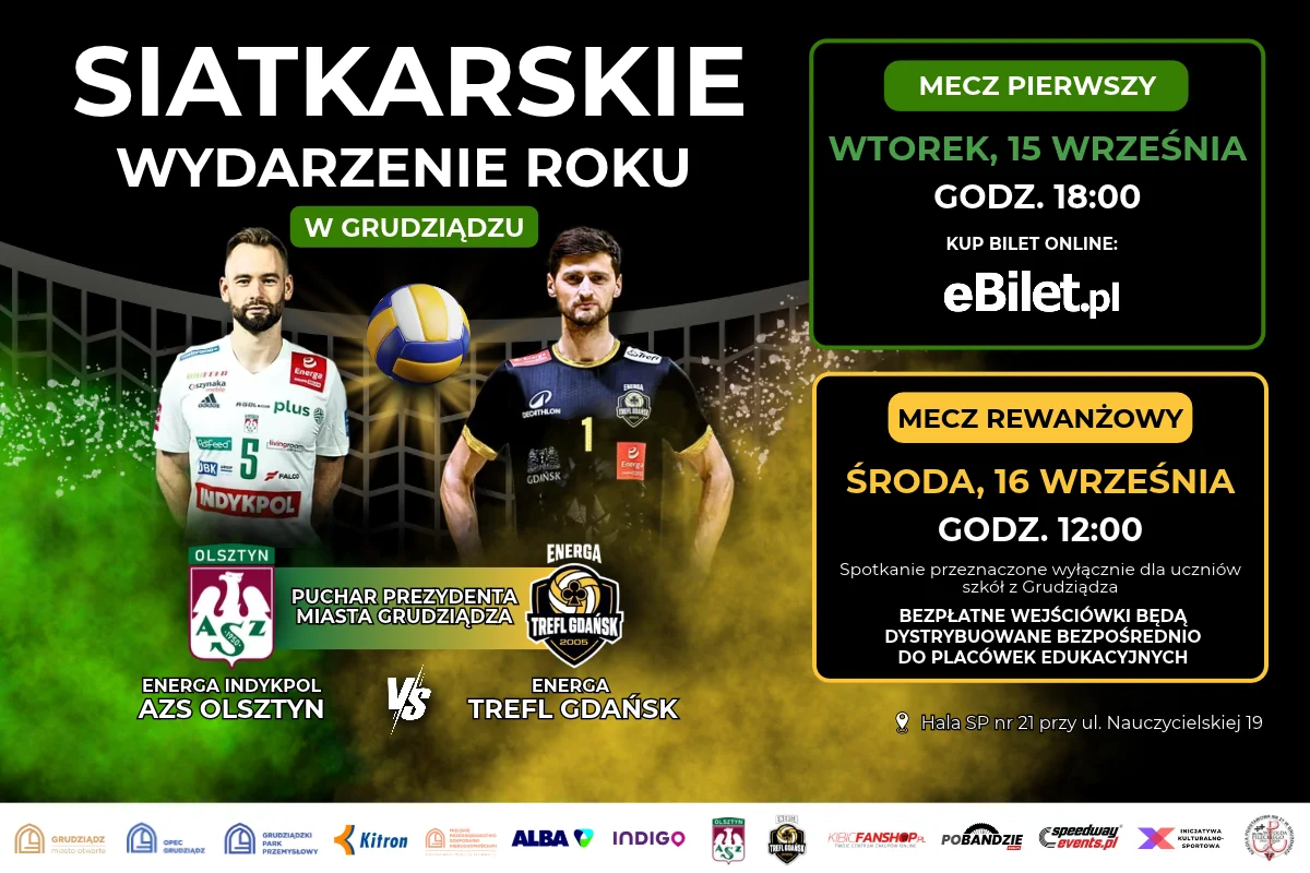Grafika promocyjna wydarzenia Mecz o Puchar Prezydenta Grudziądza: Energa Indykpol AZS Olsztyn – Energa Trefl Gdańsk
