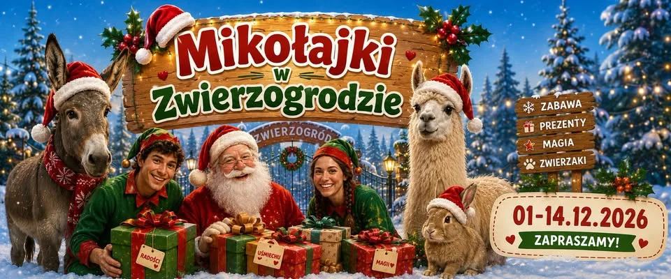Grafika promocyjna wydarzenia Mikołajki w Zwierzogrodzie – świąteczne atrakcje