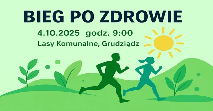Obrazek przedstawia grafikę promocyjną wydarzenia parkrun Grudziądz — bezpłatny bieg i marsz na 5 km