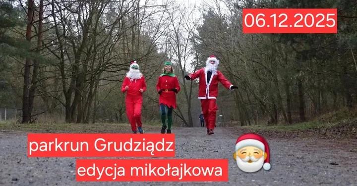 Grafika promocyjna wydarzenia parkrun Grudziądz — edycja mikołajkowa (6 grudnia 2025)