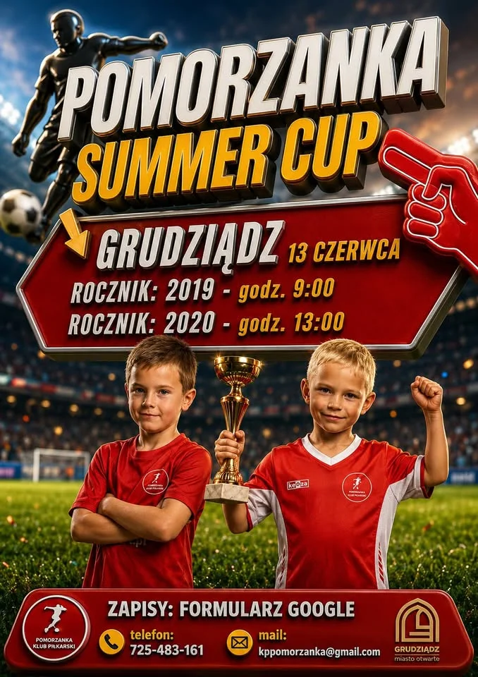 Grafika promocyjna wydarzenia Pomorzanka Summer Cup w Grudziądzu – turniej dla roczników 2019 i 2020