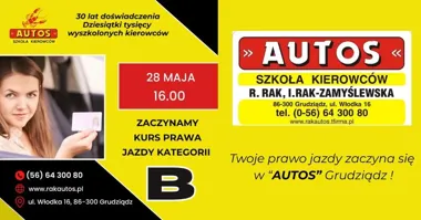 Grafika promocyjna wydarzenia AUTOS Grudziądz: kurs prawa jazdy kat. B startuje 28 maja