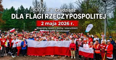 Grafika promocyjna wydarzenia parkrun Grudziądz dla Flagi RP – biało-czerwony bieg i marsz 2 maja