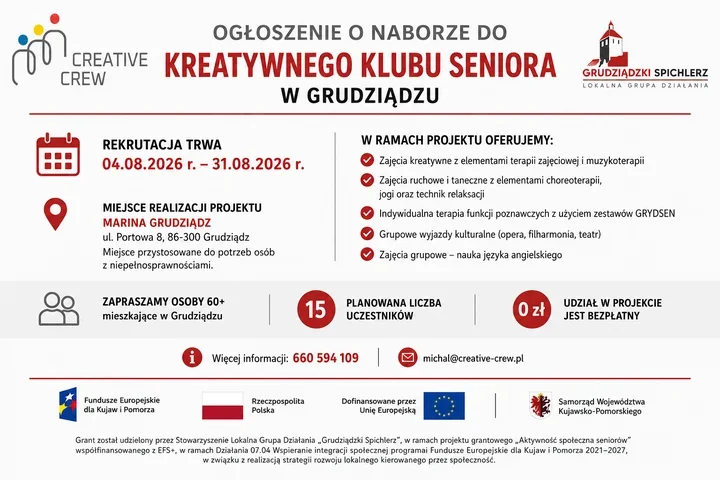Kreatywny Klub Seniora czeka na 15 osób z Grudziądza